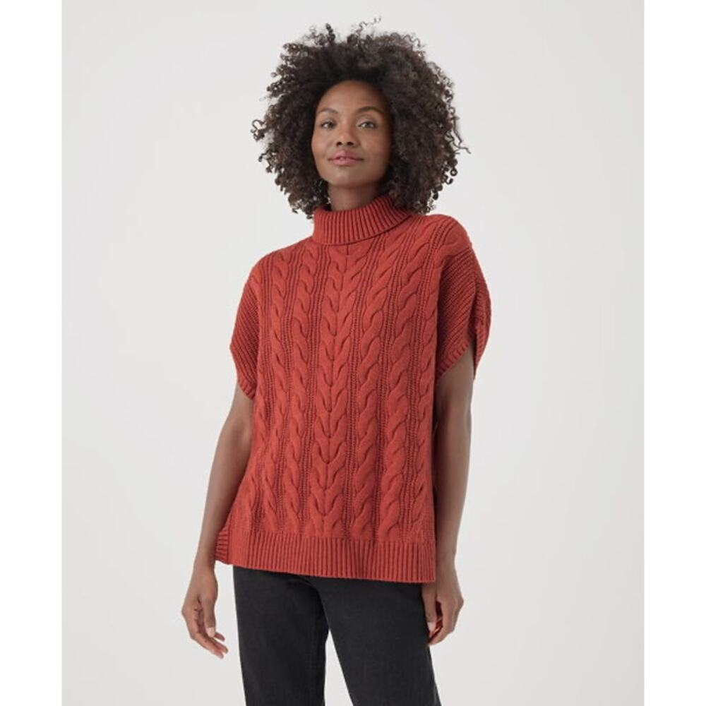Pact Cable Knit Poncho Cozy Tunic Turtleneck Short Sleeve Organic Cotton XS/S